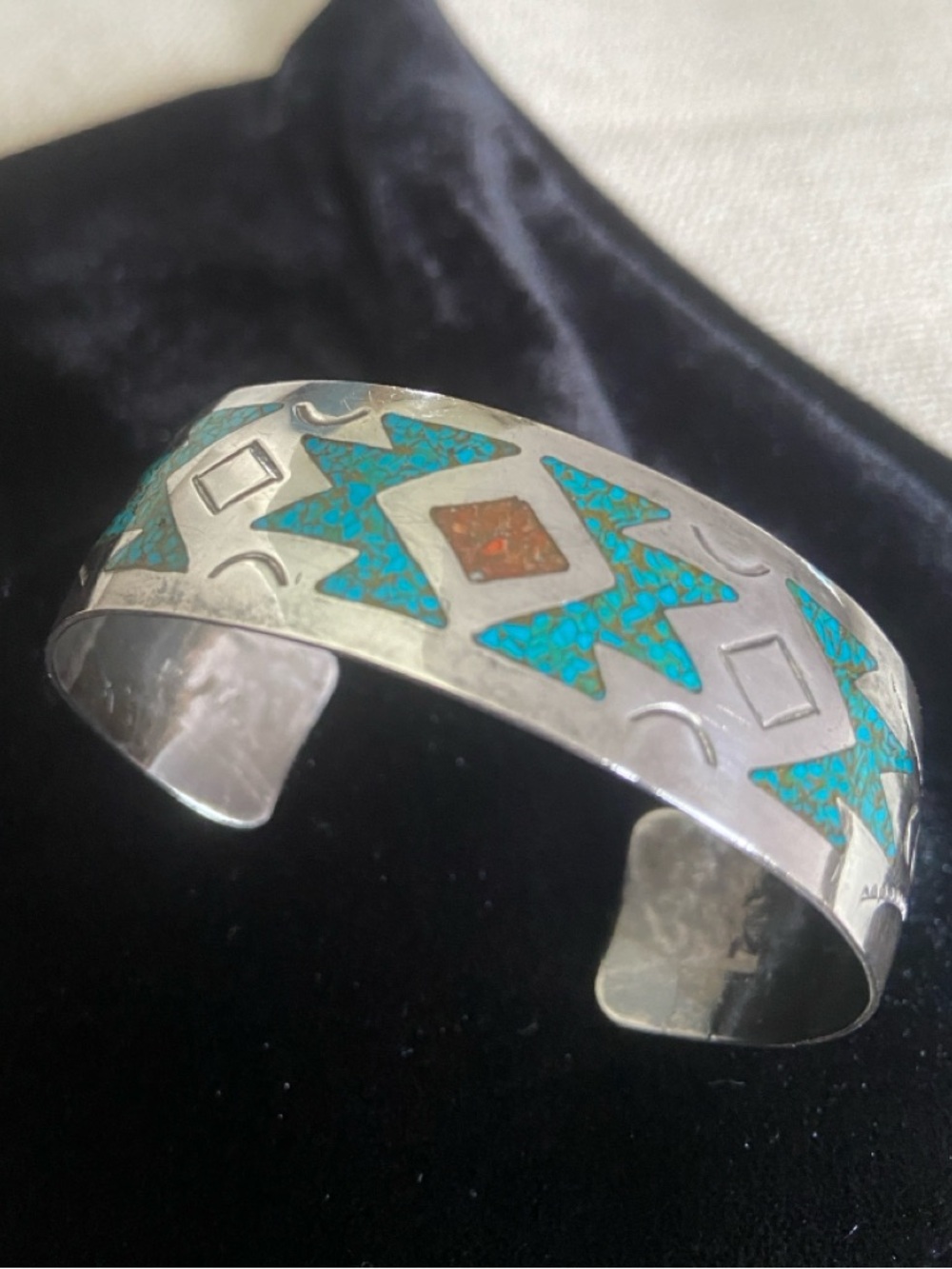 Turquoise and Corral Inlay Sterling Silver Cuff Bracelet, Native American - Picture 1 of 12